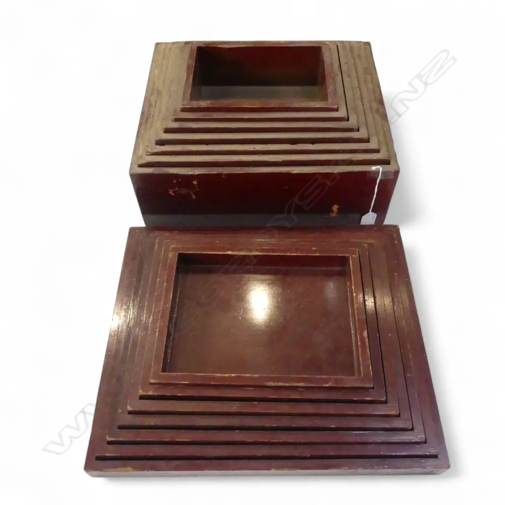 SET OF 7 JAPANESE RED LACQUER NESTING BOXES & LIDS largest 390x330x150mm Image 1++