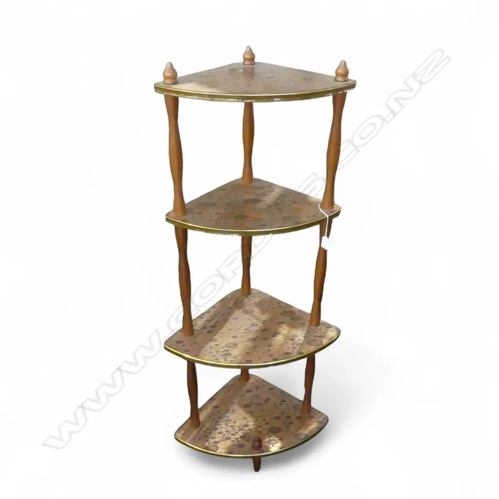 MID CENTURY COPPER & WOOD 4 TIER CORNER WHATNOT H1310MM Image 1++