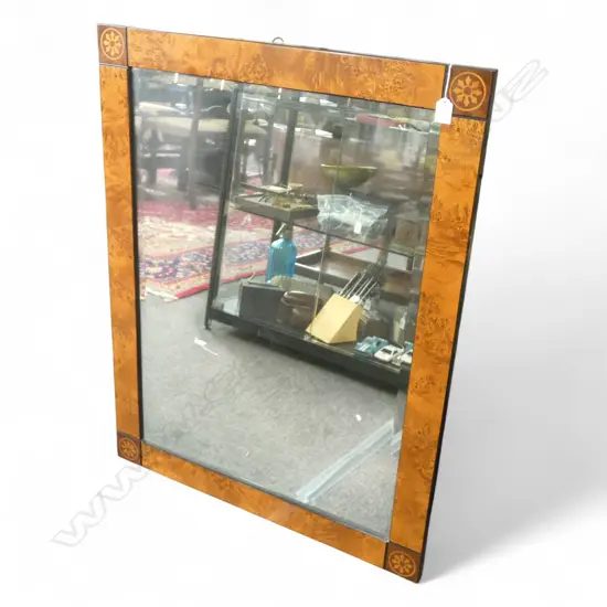 MODERN BURR WALNUT MIRROR WITH MARQUETRY INLAY CORNERS 910 X 720MM