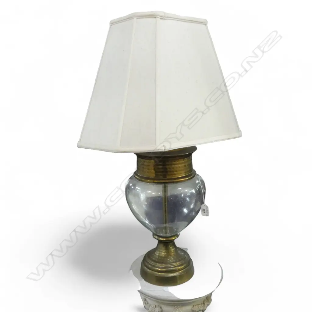 LGE BRASS & GLASS BODY TABLE LAMP with cream shade some marks H.780mm Image 1++
