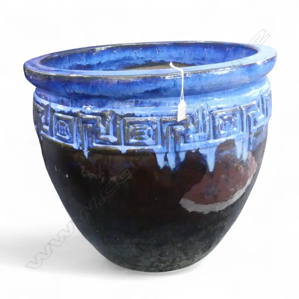 LG GLAZED PLANTER w. BLUE RIM H.550mm, 610mm dia Image 1++
