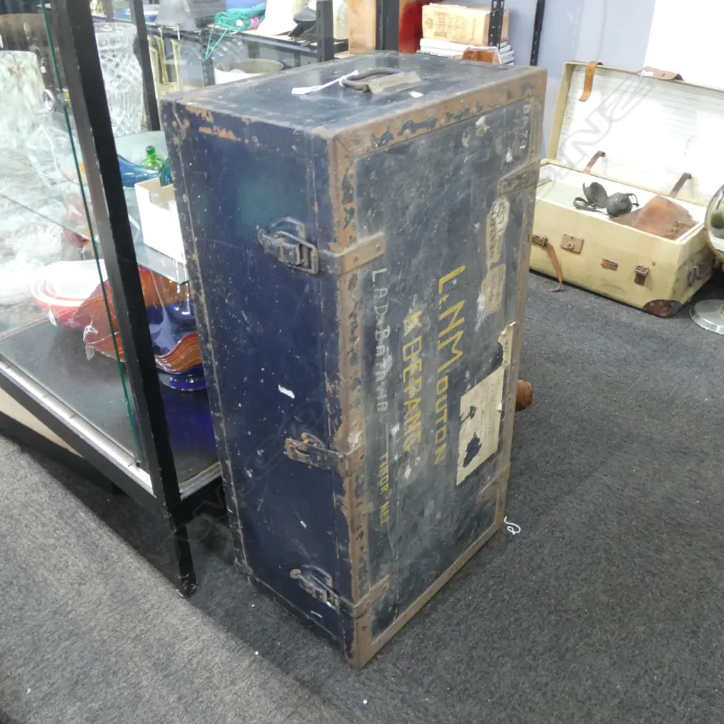 VINTAGE TIN BOUND TRAVEL TRUNK w DUTCH EAST INDIES LABELLING 920 x 460 x 330mm Image 1++