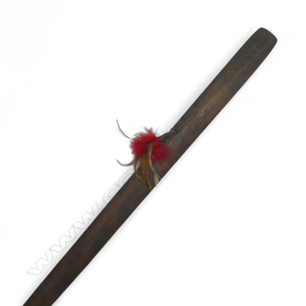 MAORI POUWHENUA LONG CLUB, w CARVED FACE TO SHAFT & PAUA INLAID DISC. L.1820mm Image 1++
