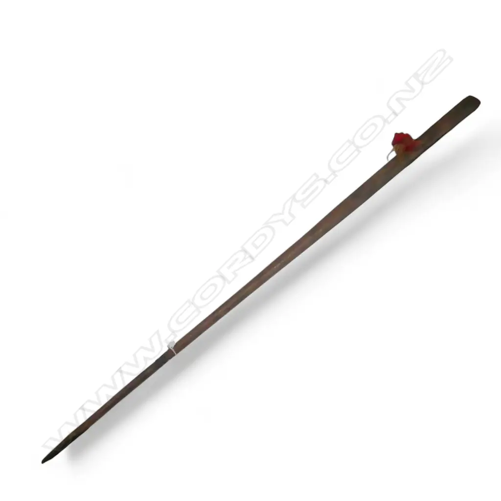 MAORI POUWHENUA LONG CLUB, w CARVED FACE TO SHAFT & PAUA INLAID DISC. L.1820mm Image 1++