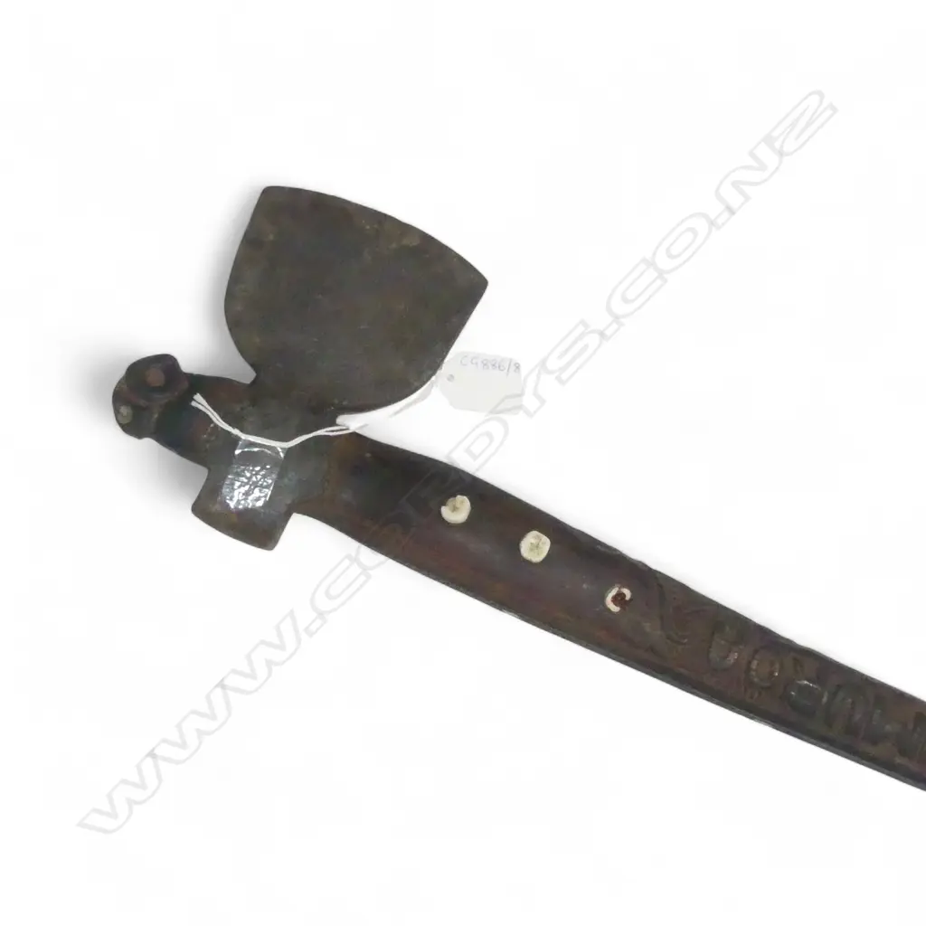 MAORI TOKI KAKAUROA  w TRADE AXE BLADE; CARVED 'TE UMUROA' TO THE SHAFT. L.905mm Image 1++