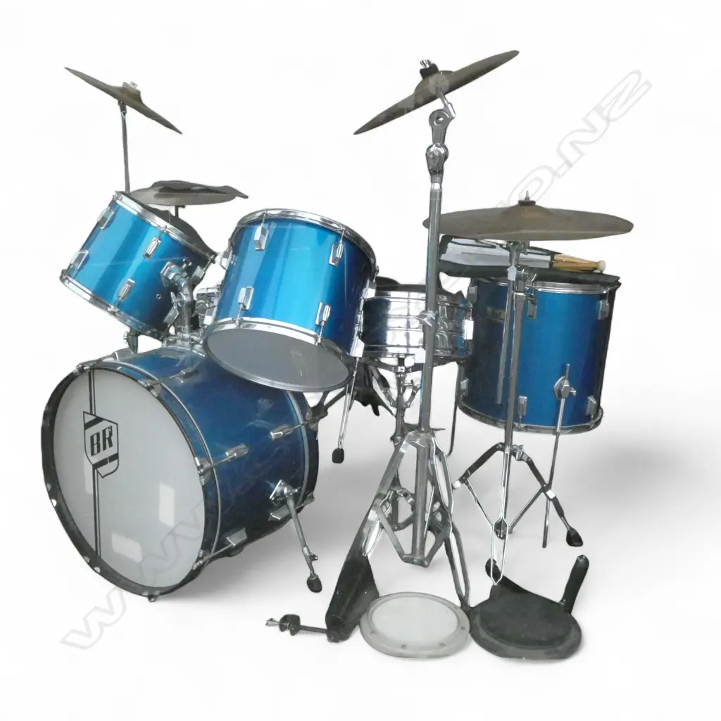 BLUE METALIC PEARL BRAND 5PC DRUM SET WITH STOOL & ZILDJIAN CYMBALS & ACCESORIES Image 1++