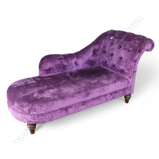 PLUSH PURPLE VELVET, BUTTONED UPHOLSTERED CHAISE LONGUE 1750 x 700 x 810mm