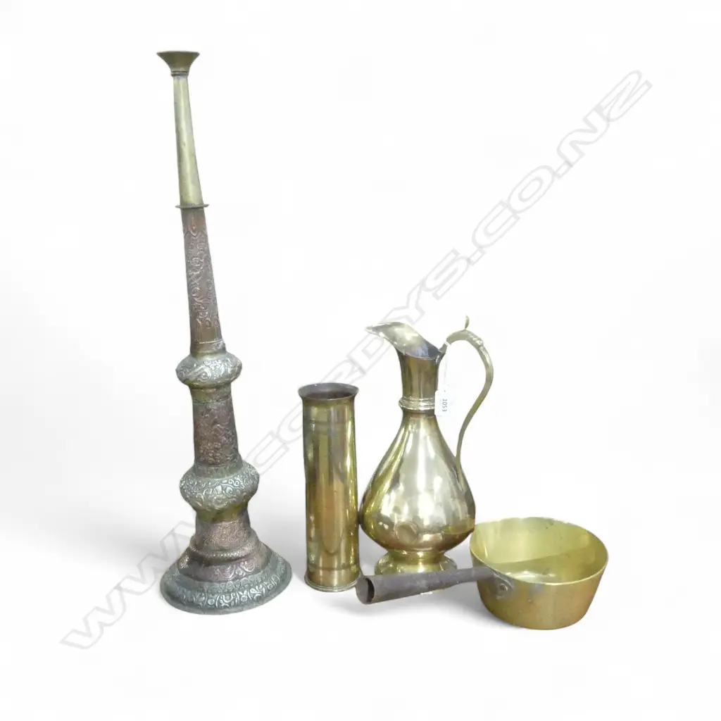 4 METAL PCES; BRASS JUG H.325mm, SAUCEPAN, SHELL CASING, NEPALESE TELESCOPIC CANDLESTICK H.630mm Image 1++