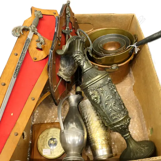 ASST. COLLECTABLES INCLDS WALL SHIELDS & HEAVY VICTORIAN POT