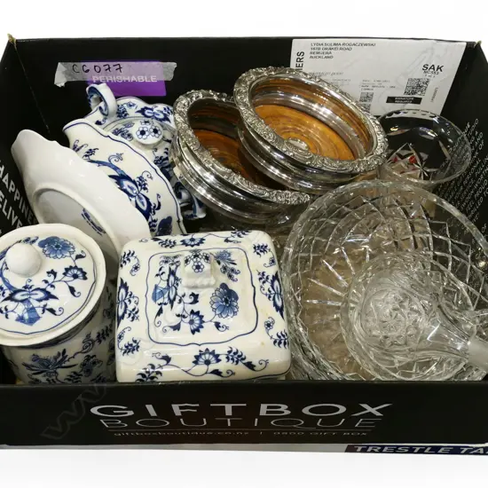 BOX LOT INCLUDING CRYSTAL, BLUE DANUBE CHINA, SILVER PLATE, ETC.