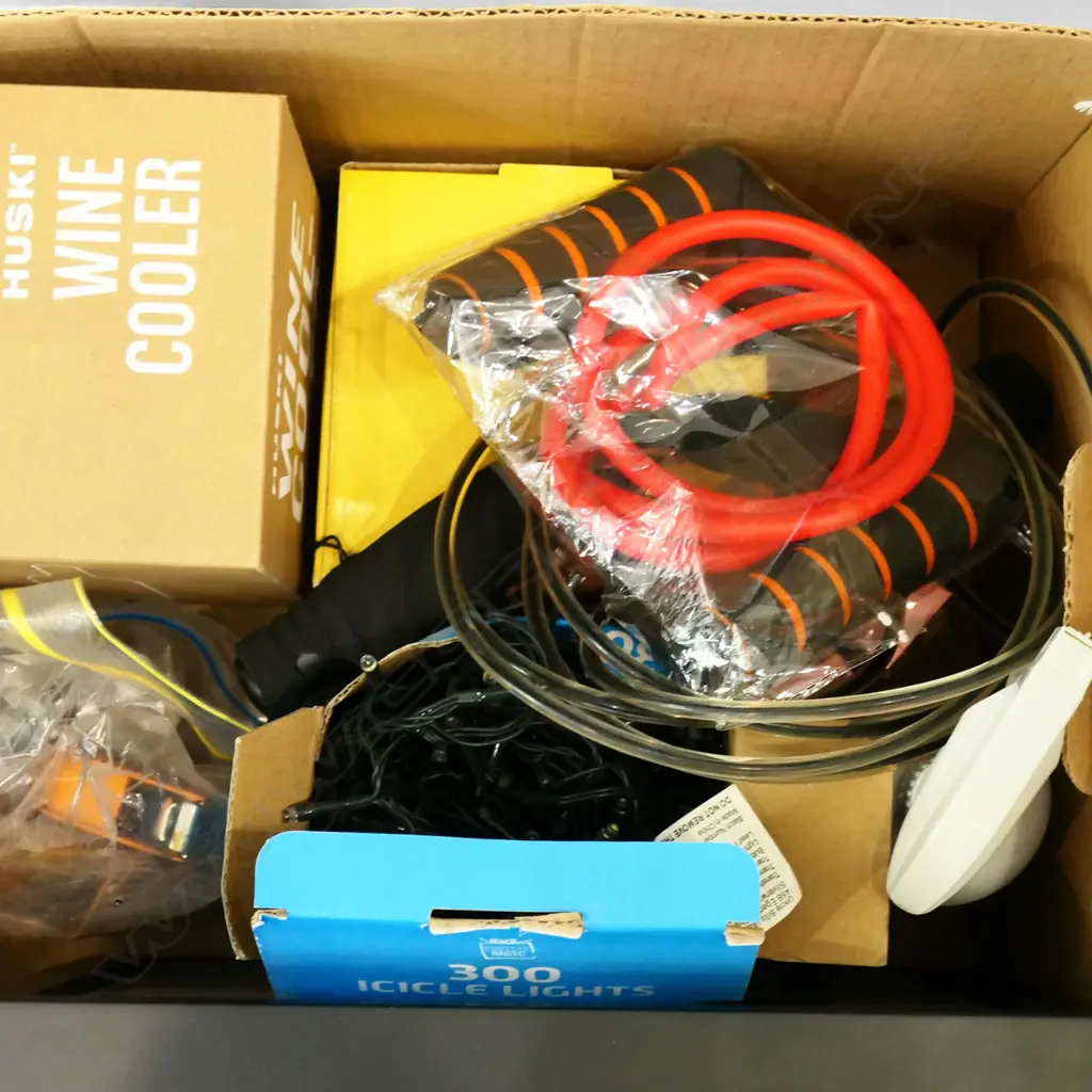 BOX LOT INCLUDING XMAS LIGHTS, SKIPPING ROPES, STAPLER, WINE COOLER, ETC. Image 1++