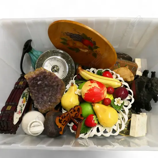 ASST. ITEMS; WOOD CARVINGS, CHINA FRUIT BOWL ETC