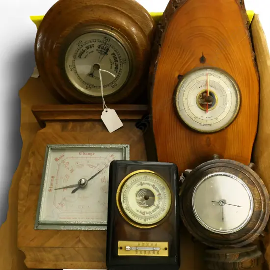 COLLECTION OF 5 VINTAGE WOOD FRAMED BAROMETERS LONGEST 370MM