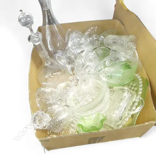 DEPRESSION GLASS, 2 DECANTERS ETC