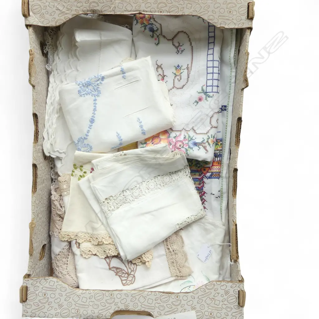 TRAY OF 10 NEDDLE WORKED TABLE CLOTHES L1000MM AVERAGE Image 1++