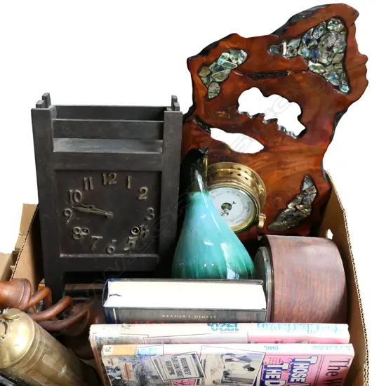 2 CLOCKS, WALL BAROMETER, BOOKS, ETC