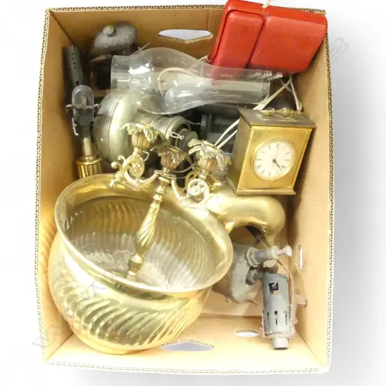 2 VINTAGE TELEPHONES, KERO LAMP, BURNER, BRASS DOLPHIN, CLOCK ETC