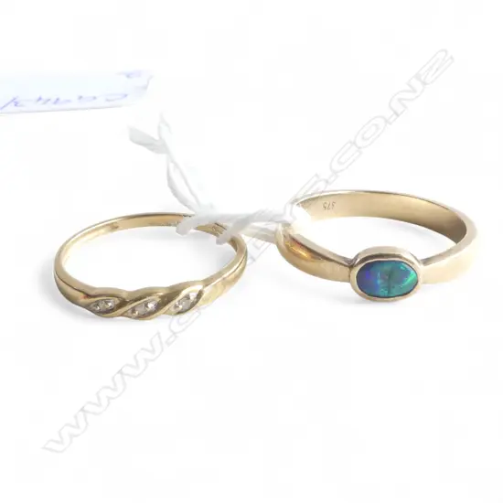 2 9CT RINGS, OPAL (AF) & DIAMOND, 3.37gms SIZE L & N1/2