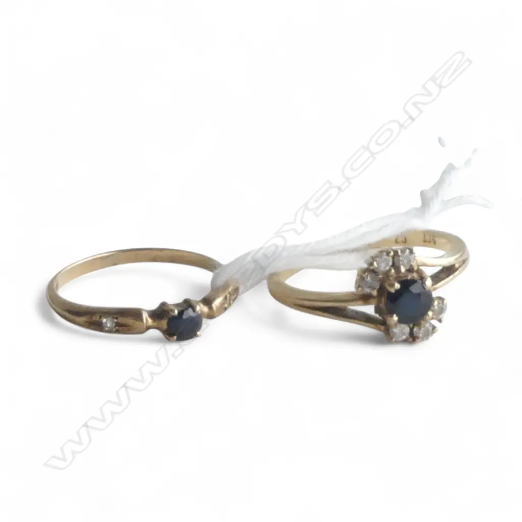 TWO 9ct GOLD CZ & SAPPHIRE RINGS. TOTAL 2.7gm SIZE I1/2 & J Image 1++