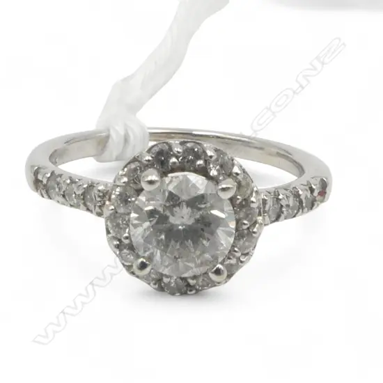 14ct WHITE GOLD DIAMOND HALO RING, 3.35gm, D1ct ? centre with 0.21ct accents size N1/2