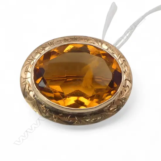 9ct gold marked chased large stone citrine coloured stone brooch 8.8gms