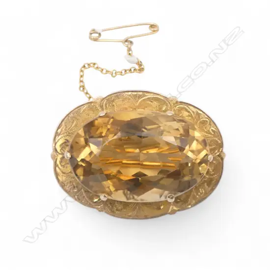 c.1900 9ct gold large oval facet cut citrine brooch 17gms