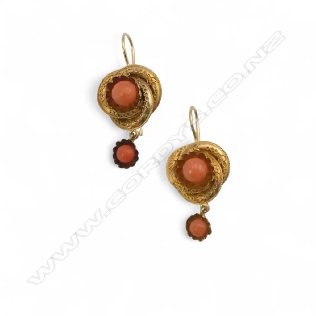9ct gold Victorian pair of coral drop earrings 4.4gms Image 1++