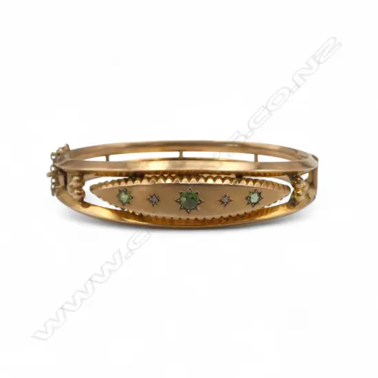 Chester 1908 EDWARDIAN 9ct ROSE GOLD HINGED BANGLE green gem & diamond set. 10.66gms SHOWING SOME REPAIRS