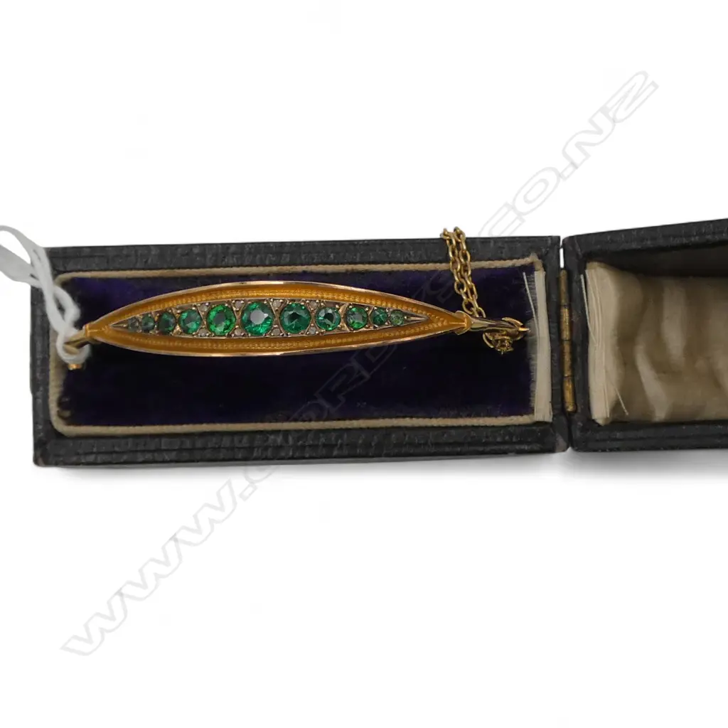 c.1900 9ct gold green stone & diamond set bangle 5.37gms. Boxed Image 1++