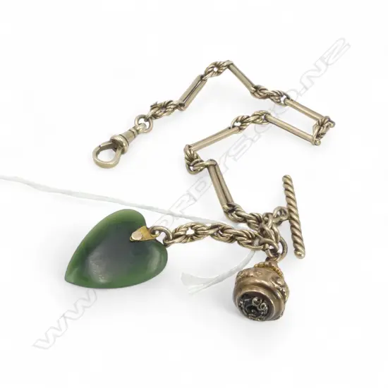 **RTV** 9ct GOLD ALBERTINA w pounamu small heart etc bracelet, L.255cm, 20gms