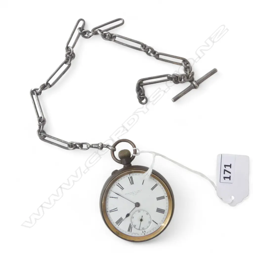 ANTIQUE PARKINSON & FRODSHAM POCKETWATCH ON STG SILVER ALBERT CHAIN 30.18gms Image 1++