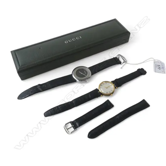 GUCCI GOLD PLATE WRISTWATCH IN BOX w cert. 1999. No buckle + another strap w buckle + another watch maybe a copy ?