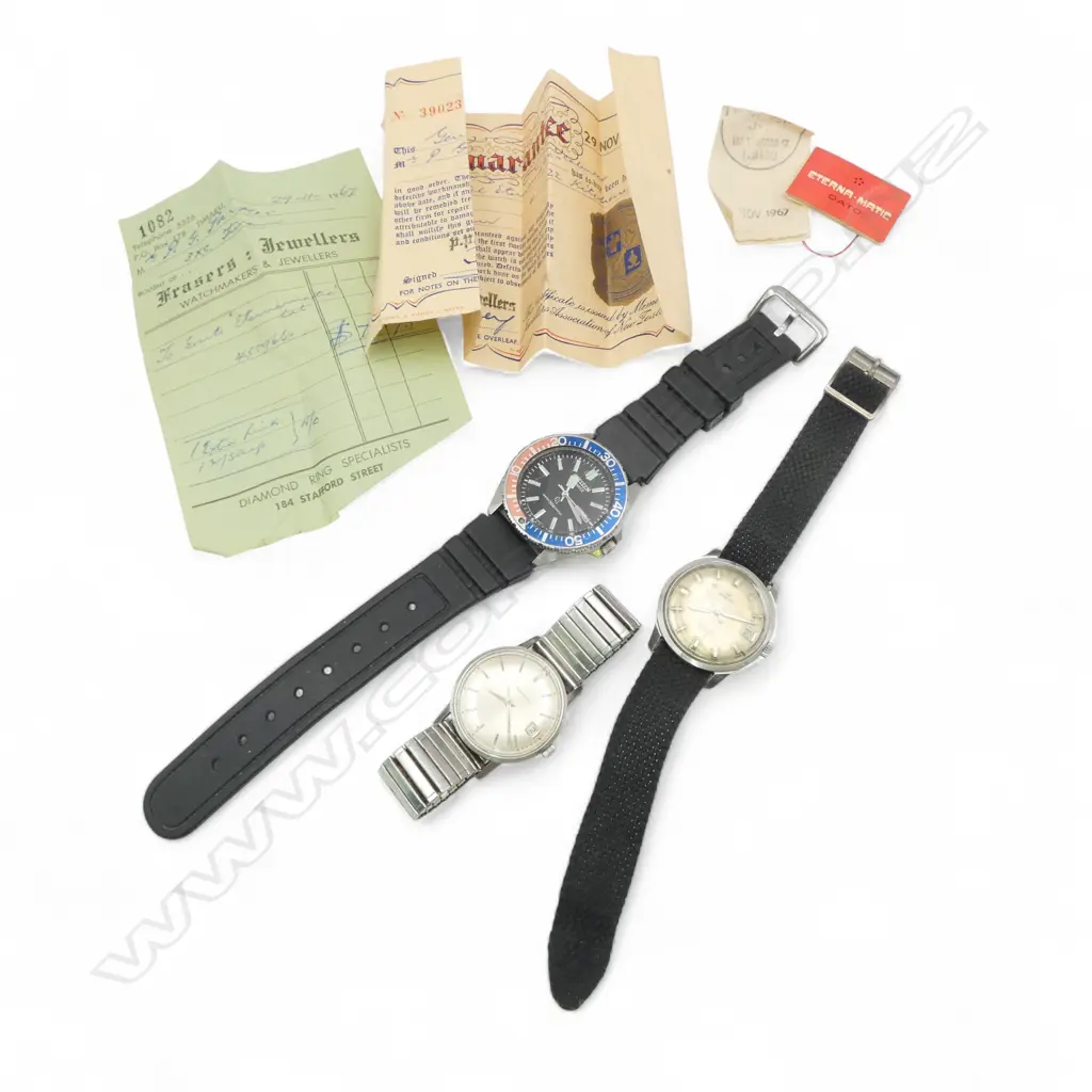 3 VINTAGE GENT'S WRIST WATCHES: SEIKO QUARTZ diving watch + Enicar + Eterna-matic  Image 1++