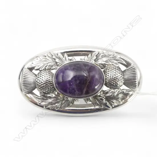 LGE PLATED SCOTTISH BROOCH with AMETHYST CABOCHON W.70mm