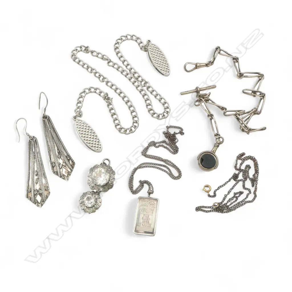 SILVER 5gm INGOT PENDANT + STG EARRINGS + FOB CHAIN ETC Image 1++