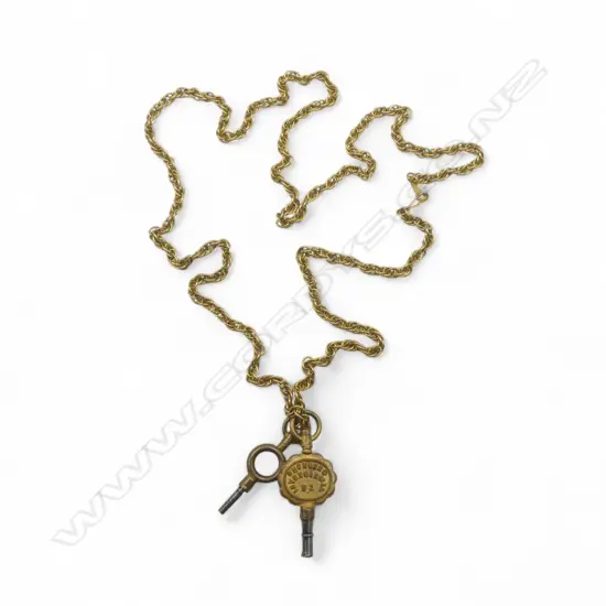  VINTAGE POCKET WATCH KEYS ON ROLLED GOLD CHAIN 