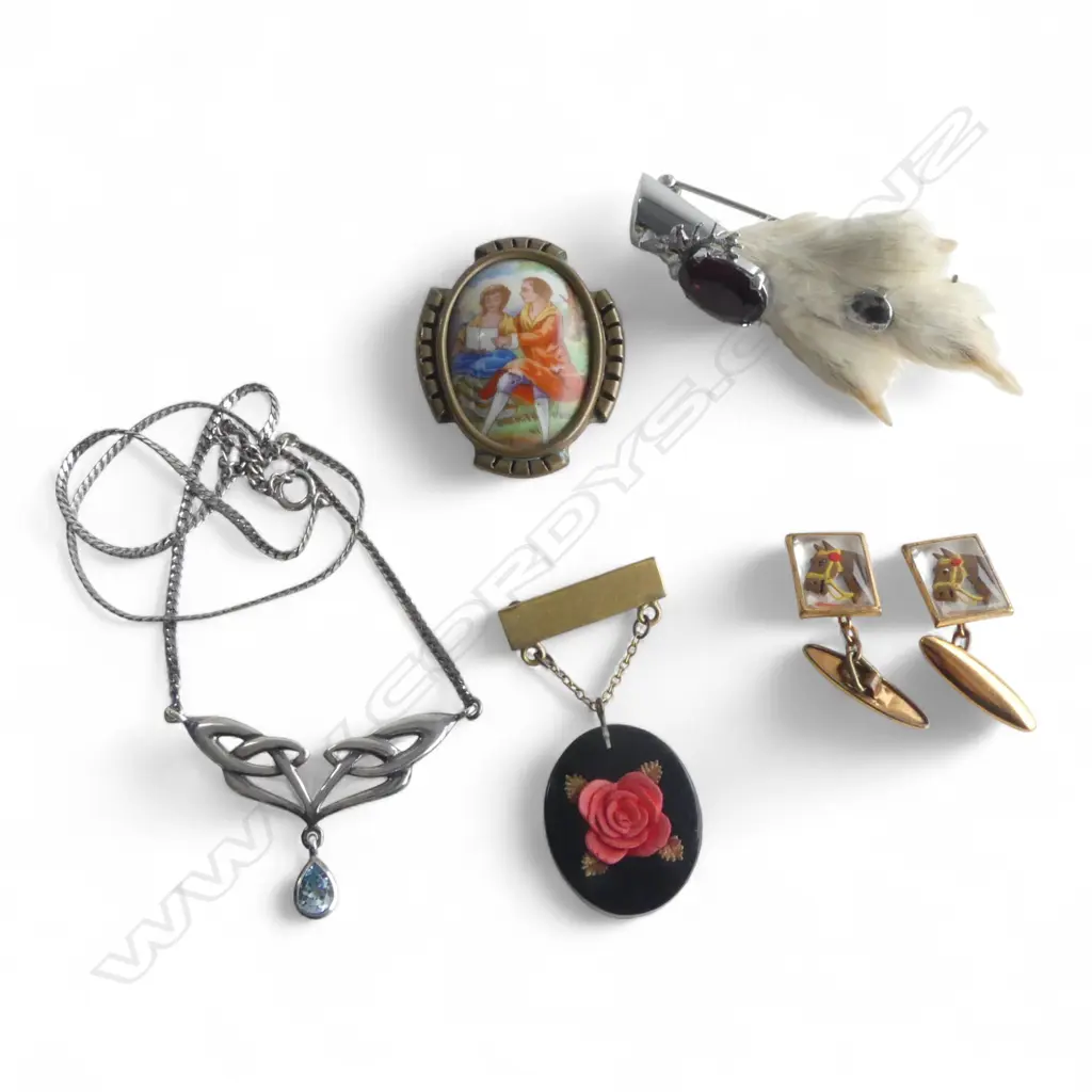SILVER CELTIC NECKLACE + VINTAGE ESSEX CRYSTAL type HORSE HEAD CUFFLINKS + Limoge brooch + other + Scottish kilt pin Image 1++