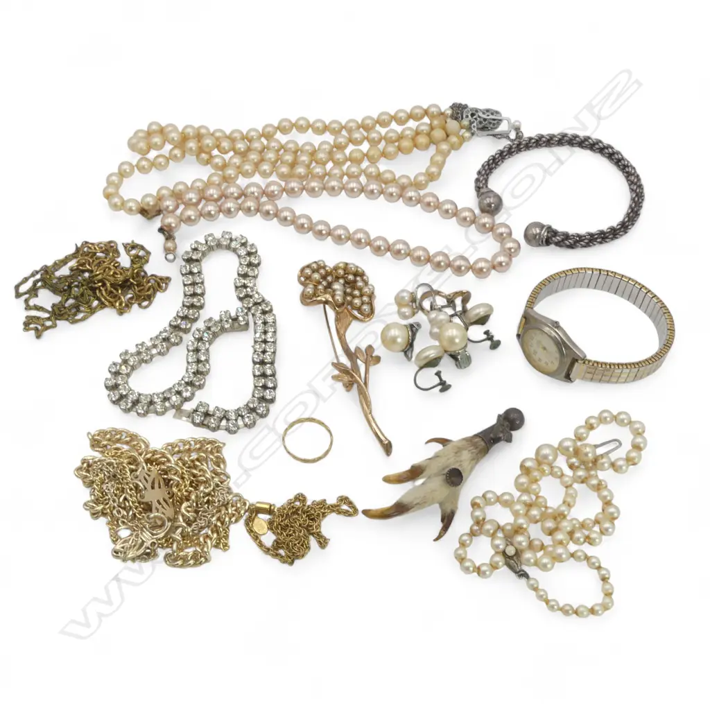 ASST. COSTUME JEWELLERY; FAUX PEARL, GROUSE BROOCH, WATCH, etc Image 1++