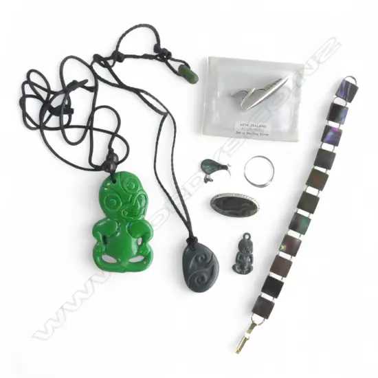 GROUP OF VINTAGE NZ SILVER PAUA JEWELLERY ETC: Bracelet + brooches + ring + tiki  etc