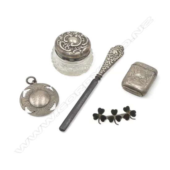 OLD SMALL SILVER ITEMS: vesta + rouge pot + brooch + medallion + nail tool