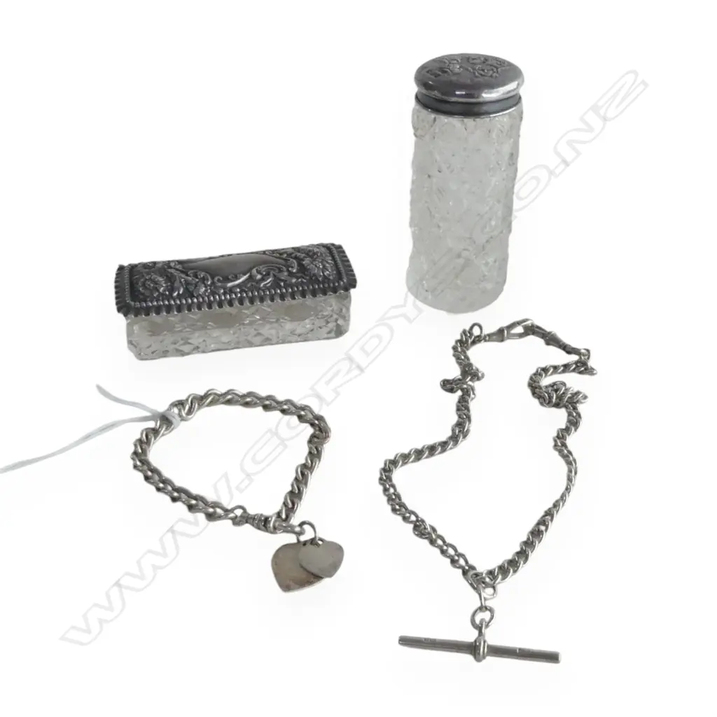 STG SILVER FOB CHAIN & BRACELET + 2 STG TOPPED CRYSTAL CONTAINERS, 62gms  Image 1++
