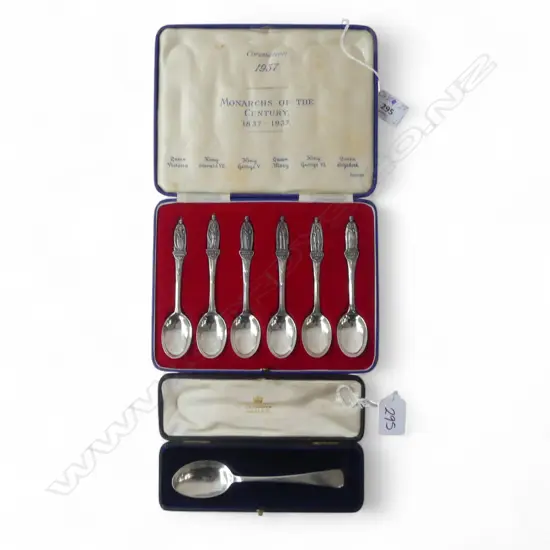 **RTV** BOXED 'MONARCH OF THE CENTURY' SPOONS, TOTAL WEIGHT 110gms + BOXED SPOON 26gms