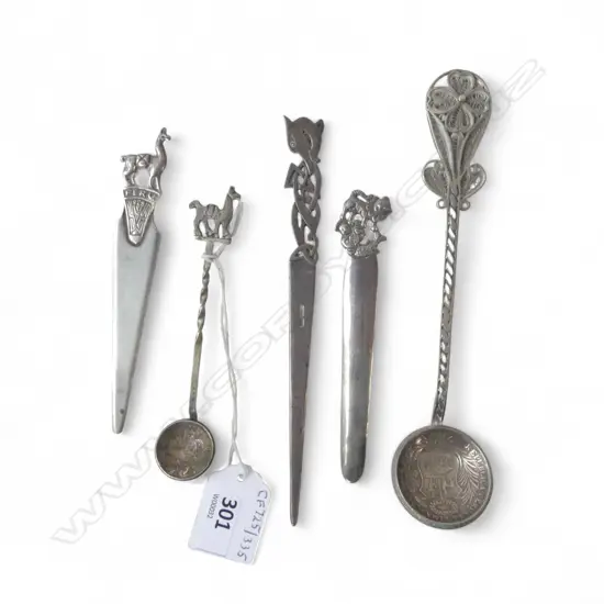 3 S/SILVER PAPERKNIVES & 2 SILVER COIN SPOONS 84GRMS 