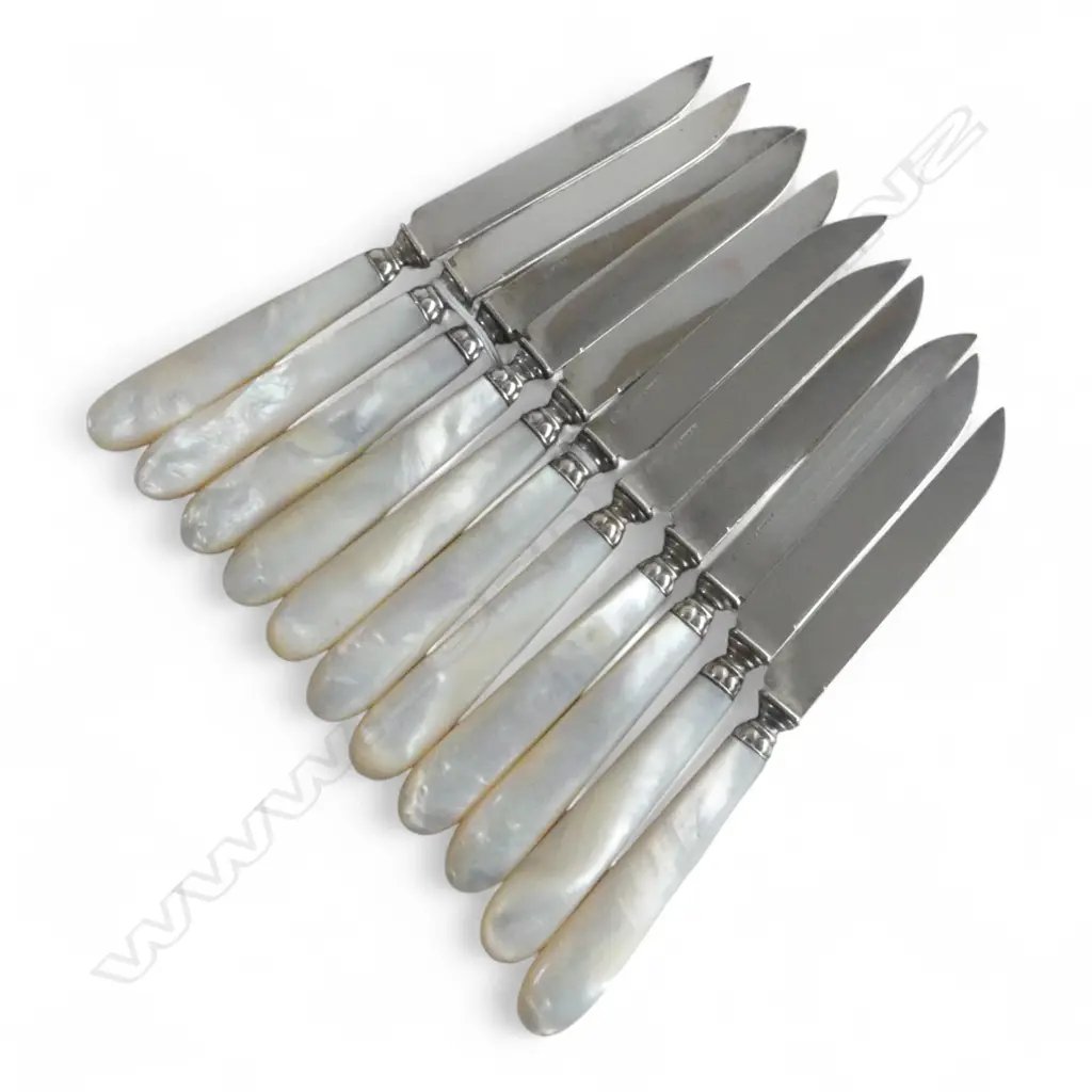 11 FRUIT KNIVES; MoP HANDLES, 800 SILVER BLADES L.180mm Image 1++