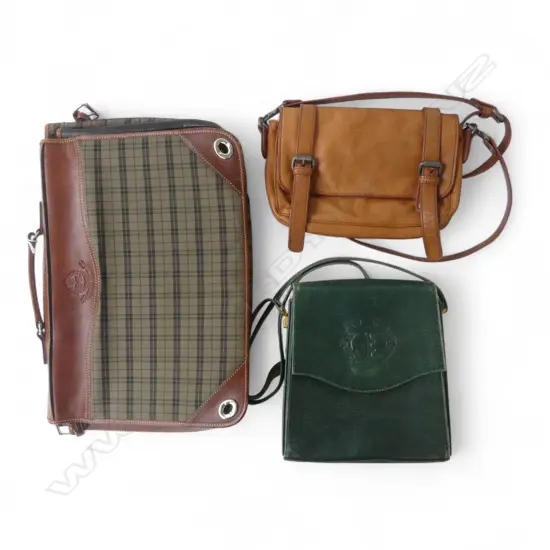3 BAGS; SATCHEL SCOTLAND JAZZ CLUB, 1 GREEN LEATHER SHOULDER BAG & A FRANCS-BOURGEOIS BAG