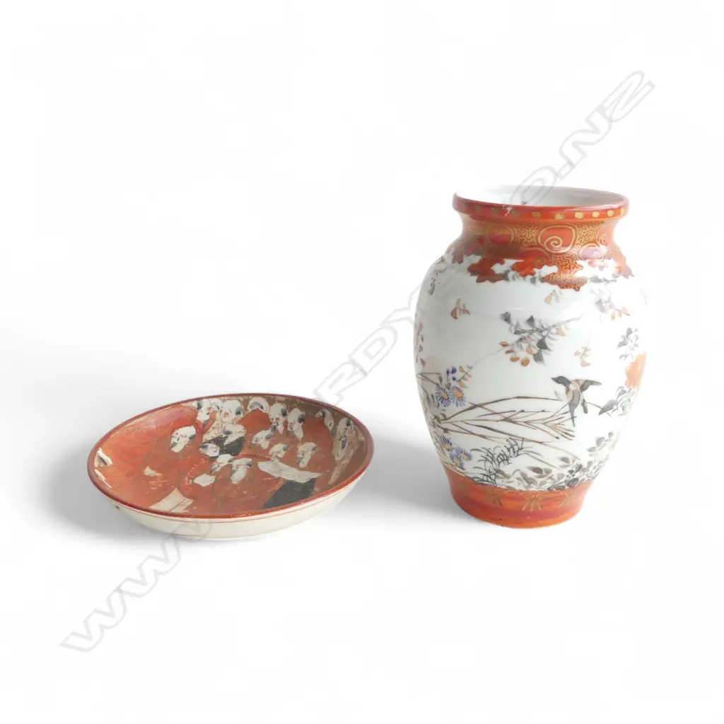 KUTANI WARE DISH Dia.116mm + VASE small repair to the rim H.125mm Image 1++