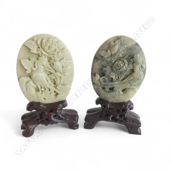 PR VINTAGE CHINESE SOAPSTONE DISC CARVINGS ON SOAPSTONE BASES H210MM