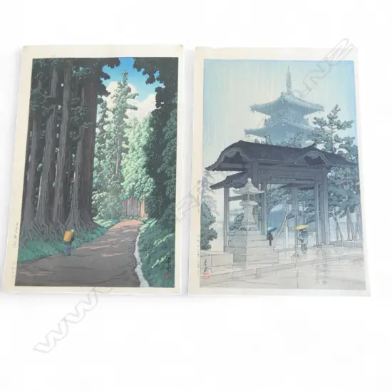 2 SHIN-HANGA PRINTS by HASUI KAWASE 'ZENTSUJI TEMPLE IN RAIN' & 'CRYPTOMERIA AVENUE TO NIKKO' 395x265mm