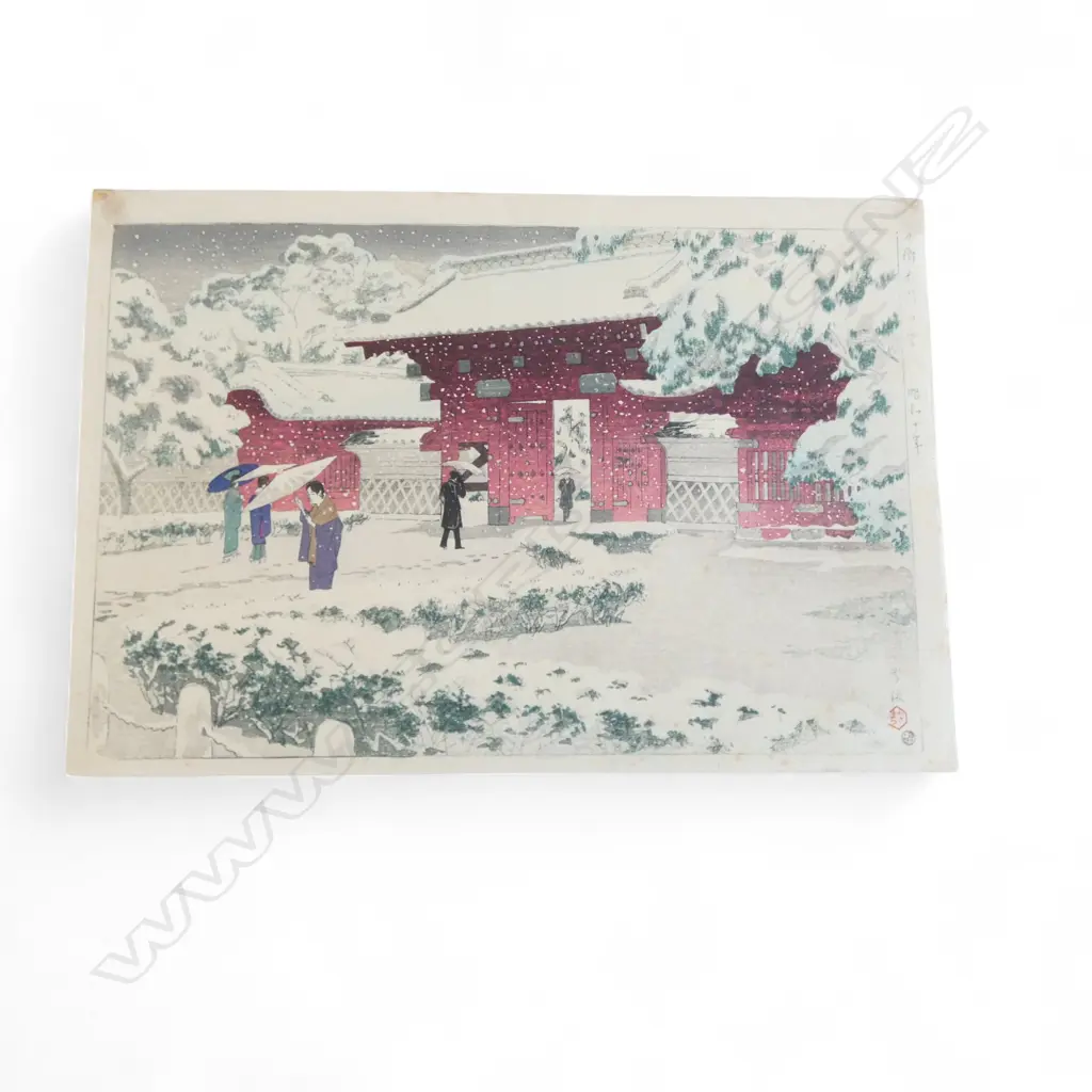 JAPANESE SHIN-HANGA by KASAMATSU SHIRO 'RED GATE AT HONGO IN THE SNOW' 265x395mm Image 1++