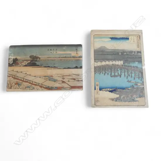 2 19thC UKIYO-E by HIROSHIGE; No.1 NIHONBASHI VIEW OF DAWN CLOUDS & SHIJO GAWARA YASUZUMI RIVER BED AT SHIJO, 370x255mm